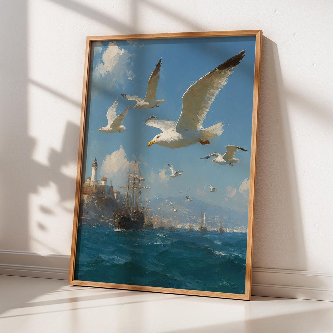 Seagull Ocean Art Print, Nautical Wall Decor, Coastal Poster With Ship ...
