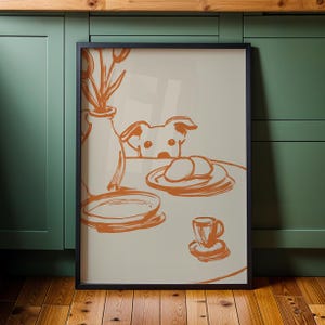 Minimalist terracotta line art poster featuring a curious dog peeking over a kitchen table. The still life scene includes a vase with flowers, plates, and a small coffee cup on a beige background. This modern hand-drawn illustration captures a cozy home or cafe vibe. Perfect as a gift for dog lovers, this aesthetic pet-themed wall decor fits boho and neutral interiors. High-quality physical print for kitchen, dining room, or living room wall art.