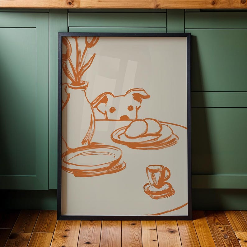 Minimalist terracotta line art poster featuring a curious dog peeking over a kitchen table. The still life scene includes a vase with flowers, plates, and a small coffee cup on a beige background. This modern hand-drawn illustration captures a cozy home or cafe vibe. Perfect as a gift for dog lovers, this aesthetic pet-themed wall decor fits boho and neutral interiors. High-quality physical print for kitchen, dining room, or living room wall art.