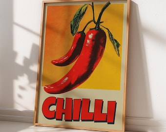 Chilipeper retro poster, vintage keuken muurkunst print, gedurfd pop-art decor, eetkamer eten illustratie, boho woondecoratie