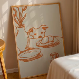 Minimalist terracotta line art poster featuring a curious dog peeking over a kitchen table. The still life scene includes a vase with flowers, plates, and a small coffee cup on a beige background. This modern hand-drawn illustration captures a cozy home or cafe vibe. Perfect as a gift for dog lovers, this aesthetic pet-themed wall decor fits boho and neutral interiors. High-quality physical print for kitchen, dining room, or living room wall art.