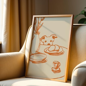 Minimalist terracotta line art poster featuring a curious dog peeking over a kitchen table. The still life scene includes a vase with flowers, plates, and a small coffee cup on a beige background. This modern hand-drawn illustration captures a cozy home or cafe vibe. Perfect as a gift for dog lovers, this aesthetic pet-themed wall decor fits boho and neutral interiors. High-quality physical print for kitchen, dining room, or living room wall art.