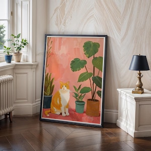 Arte mural de gato naranja y plantas de interior, póster digital, regalo para amantes de los gatos, impresión botánica, decoración moderna del hogar, arte minimalista de gatos, arte imprimible