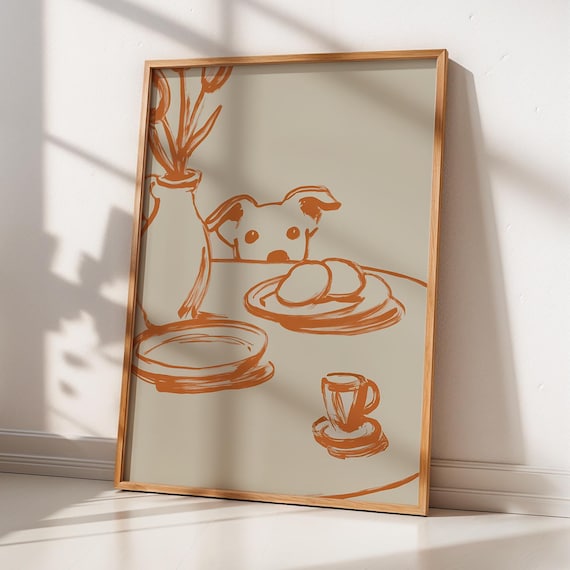 Peeking Dog Wall Art, Minimalist Line Art Poster, Terracotta Kitchen Wall Decor, Pet Lover Gift, Modern Still Life Illustration, Beige Decor