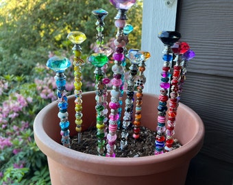Hand-Crafted Fairy Wand Garden Stakes, Lampwork, Murano, Rhinestone, Tibetan Glass, Door Knob, Silver Charms