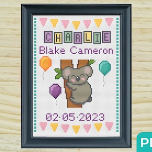 Koala Cross Stitch Pattern Birth Announcement, Baby Shower Cross Stitch Pattern, Personalised Embroidery Chart, Easy Cross Stitch