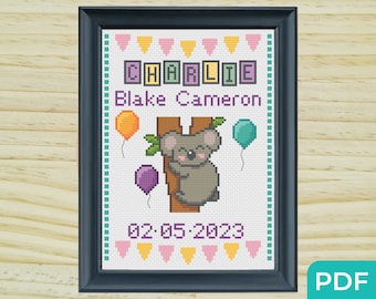 Schema punto croce Koala Annuncio di nascita, Schema punto croce Baby Shower, Schema ricamo personalizzato, Punto croce facile