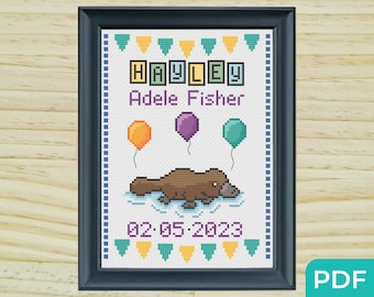 Schema punto croce ornitorinco per annuncio di nascita, schema punto croce per annuncio nascita, schema ricamo personalizzabile, punto croce facile