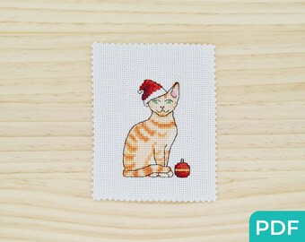 Schema punto croce gatto tigrato zenzero di Natale in PDF, schema punto croce moderno e facile, schema biglietto di Natale in PDF, schema punto croce facile e veloce