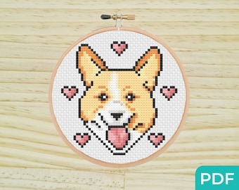 Schema punto croce Corgi, Schema punto croce cane PDF, Schema punto croce animale domestico, Schema PDF facile, Cane carino, Cerchio da 4 pollici, Mestiere facile