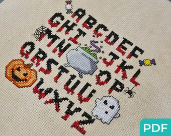 Halloween Cross Stitch Sampler Pattern PDF, Modern Cross Stitch, Halloween Decoration Pattern PDF, Alphabet Cross Stitch Sampler Pattern
