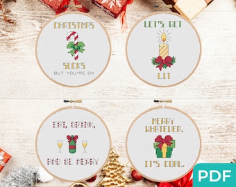 Schemi punto croce natalizio sarcastico Set di 4, punto croce moderno facile, modello per cartolina di Natale, punto croce natalizio sarcastico,