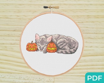 Schema punto croce "Sogni di gatto di Halloween", disegno da ricamo "Gatto soriano", schema punto croce "Gatto zucca", schema punto croce per Halloween