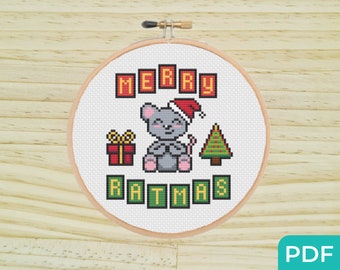 Buon Ratmas Schema punto croce, Punto croce moderno facile, Schema punto croce Natale, Schema cartolina di Natale per ratti, Punto di Natale