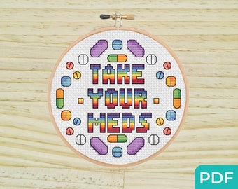 Prendi le tue medicine Schema punto croce PDF, Punto croce ADHD, Punto croce salute mentale, Il negozio acquistato è un modello raffinato, Grafico delle malattie croniche