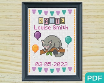 Schema punto croce Opossum Annuncio di nascita, Schema punto croce Baby Shower, Schema ricamo personalizzato, Punto croce facile