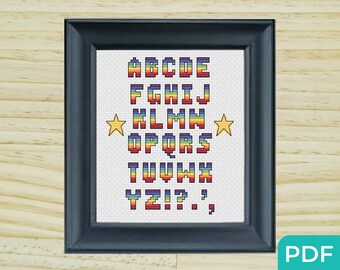 Schema punto croce con alfabeto arcobaleno, grafico dei caratteri Pride, scritte arcobaleno, schema punto croce multicolore per nomi, PDF punto croce fai da te