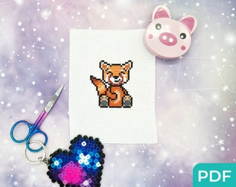 Schema punto croce panda rosso kawaii in PDF, punto croce animale carino, schema panda rosso, punto croce per principianti per bambini, schema panda