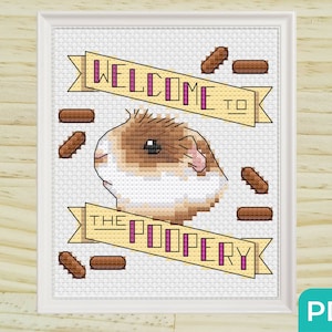 Meerschweinchen Kreuzstich Muster, Willkommen im Poopery, freche Stickvorlage, Tasche Haustier Muster, Zeichen für Haustier, Poop Chart Design