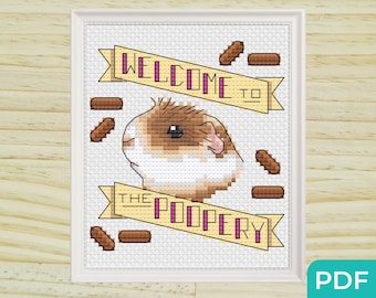 Schema punto croce porcellino d'India, Benvenuto nella Poopery, Schema ricamo sfacciato, Schema per animali tascabili, Cartello per animali domestici, Schema per la cacca