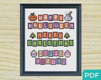 Schemi punto croce per festività festive, set di 3 schemi PDF, schemi punto croce facili, schema punto croce Halloween Natale Pasqua
