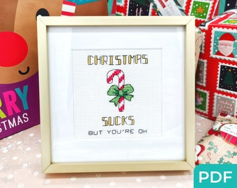 Schema punto croce "Natale fa schifo" in PDF, schema punto croce facile, schema biglietto di Natale, schema facile, schema punto croce sarcastico, schema bastoncino di zucchero