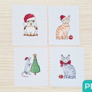 Christmas Animals Cross Stitch Pattern Set of Four, Easy Modern Cross Stitch, Cute Animal Cross Stitch Pattern , Christmas Card Patterns