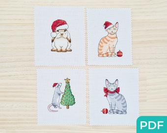 Set di quattro schemi punto croce con animali natalizi, punto croce moderno e semplice, schemi punto croce con animali carini, modelli per cartoline di Natale