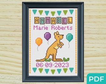 Schema punto croce canguro Annuncio di nascita, Schema punto croce annuncio bambino, Schema ricamo personalizzabile, Punto croce facile