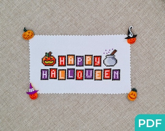 Happy Halloween Sign Cross Stitch Pattern PDF, Modern Cross Stitch, Halloween Glow in the Dark, Cute Cross Stitch Pattern for Halloween