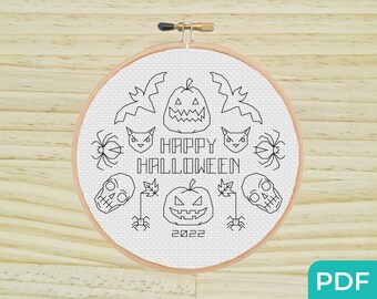 Schema di Halloween in bianco e nero in PDF, Punto croce moderno e facile, Schema di punto indietro spettrale, Schema di punto croce di Halloween in PDF