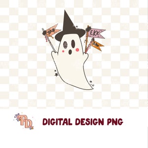 May include: A whimsical Halloween-themed digital design featuring a friendly ghost wearing a witch's hat. The ghost holds two flag banners with the words "Yay" and "Ekk". The design includes stars and the text "DIGITAL DESIGN PNG".