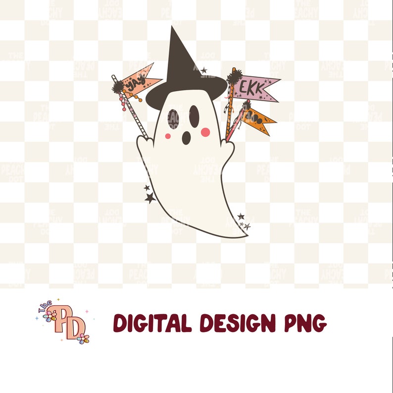 Puede incluir: Un dise&ntilde;o digital caprichoso con tem&aacute;tica de Halloween que presenta un fantasma amigable con un sombrero de bruja. El fantasma sostiene dos banderas con las palabras "Yay" y "Ekk". El dise&ntilde;o incluye estrellas y el texto "DIGITAL DESIGN PNG".
