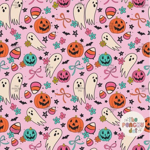 May include: A pink background with a repeating pattern of ghosts, pumpkins, candy corn, stars, bows, and flowers. The text "The Peachy Dot" is in the bottom right corner.