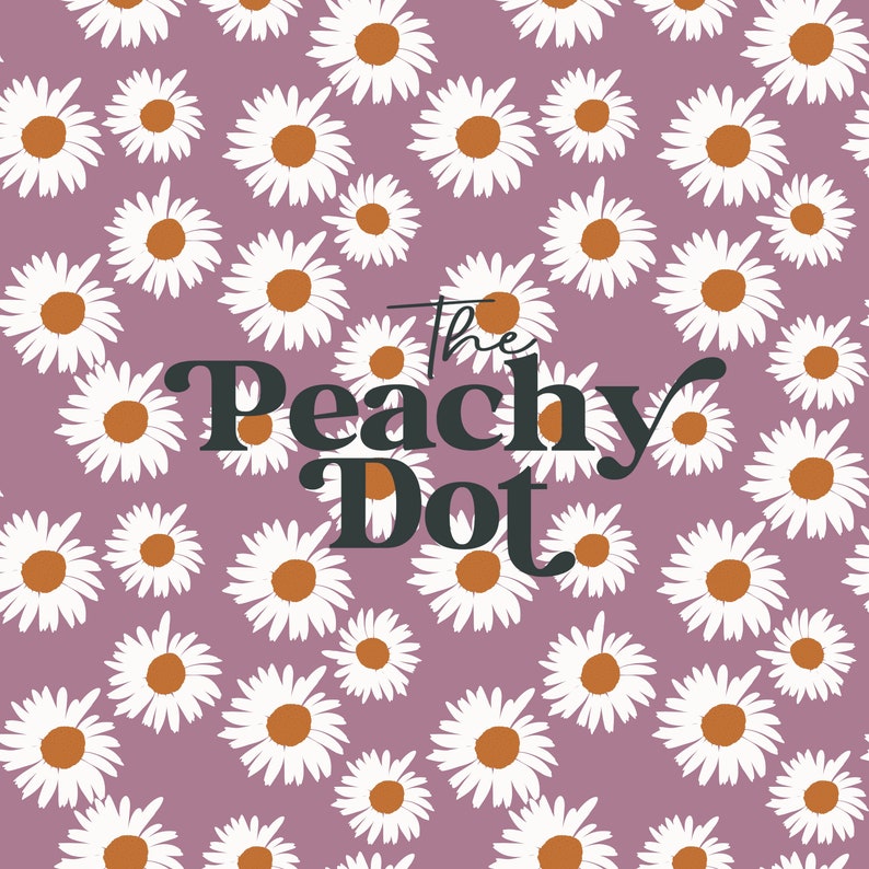 May include: A purple background with a white daisy pattern. The text "The Peachy Dot" is in the centre of the image.