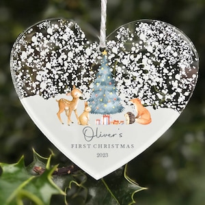 Personalised First Christmas Woodland Animals Decoration Bauble, Babies, 1st Christmas, Bear, New Baby, Christmas Bauble, Free Gift Bag