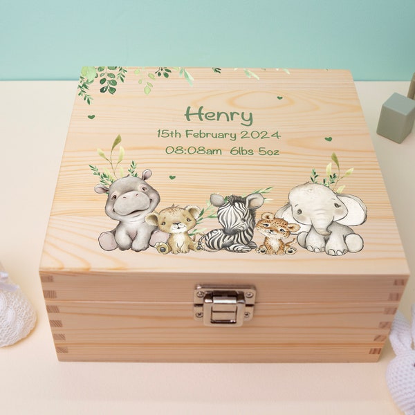 Luxury Baby Keepsake Box Green - Personalised Green Safari Leaves Animals White Wooden Keepsake Box - newborn keepsake box Bluebellinda