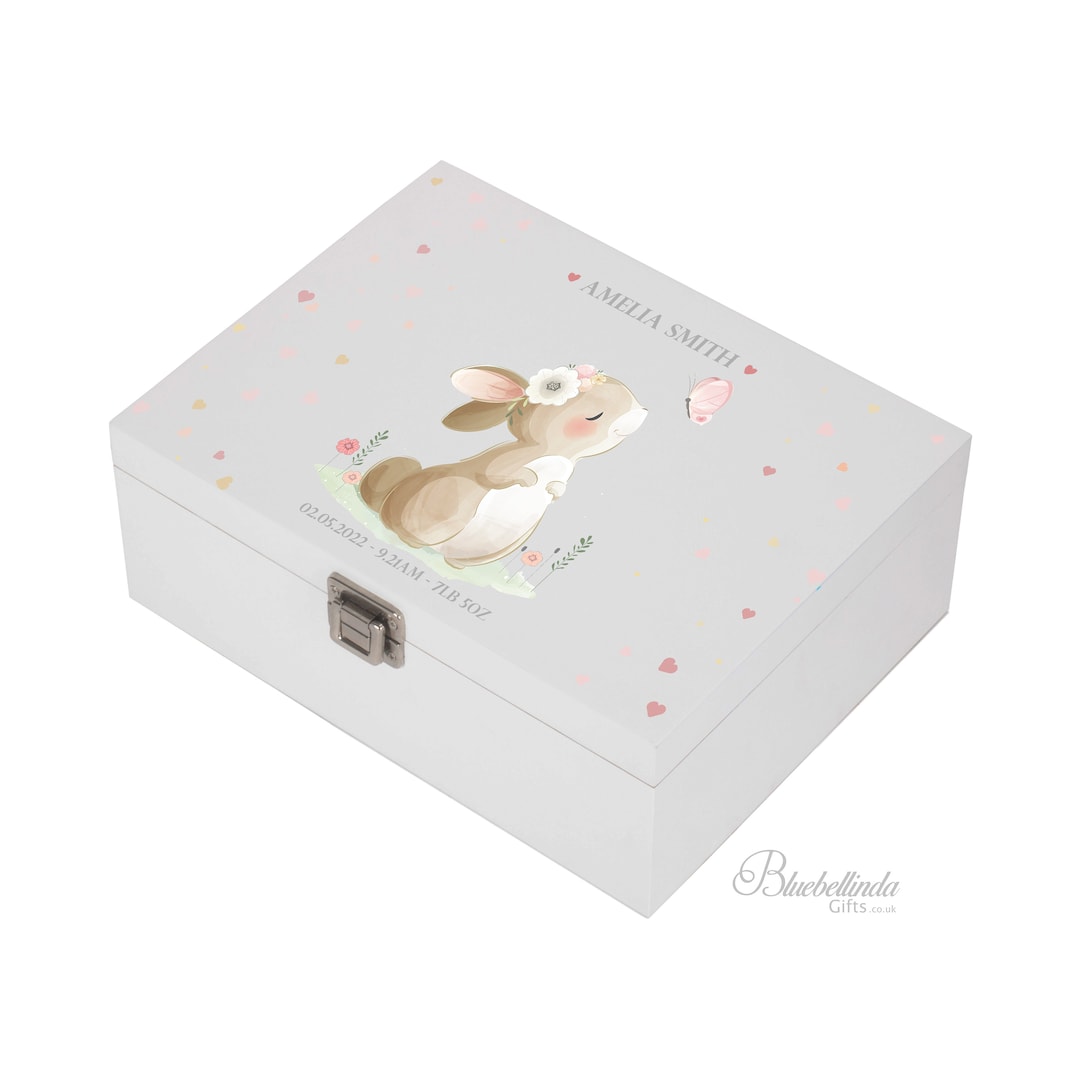 Baby Keepsake Box Pink - Personalised Cute Pink Bunny Rabbit White ...