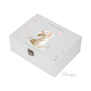 Baby Keepsake Box Pink - Personalised Cute Pink Bunny Rabbit White Wooden Keepsake Box - keepsake box newborn  bluebellindagifts