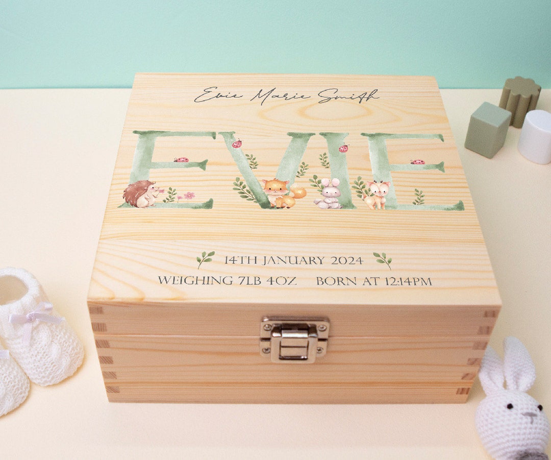 Luxury Baby Keepsake Box Green - Personalised Green Initial Woodland ...