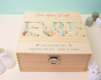 Luxury Baby Keepsake Box Green - Personalised Green Initial Woodland Animals White Wooden Keepsake Box - newborn Bluebellinda