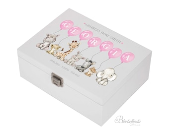 May include: White wooden keepsake box with a pink and white design. The box features a line of cartoon animals holding pink balloons that spell out the name "GEORGIA". The text "GEORGIA ROSE SMITH" is printed on the box, along with the date "10.10.2022 - 5:24PM - 7lb 8oz".