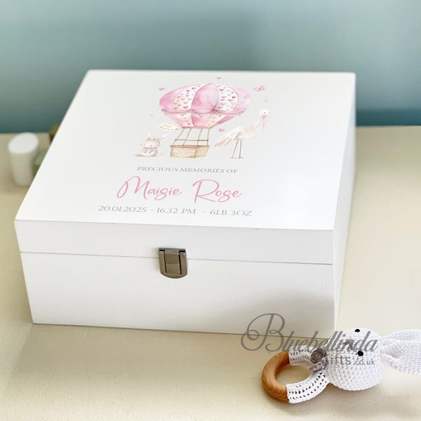 Luxury Personalised Baby Keepsake Memory Box, pink Design, Baby box, Wooden Box, New Baby Gift, Birth Stats, Bluebellinda Gifts