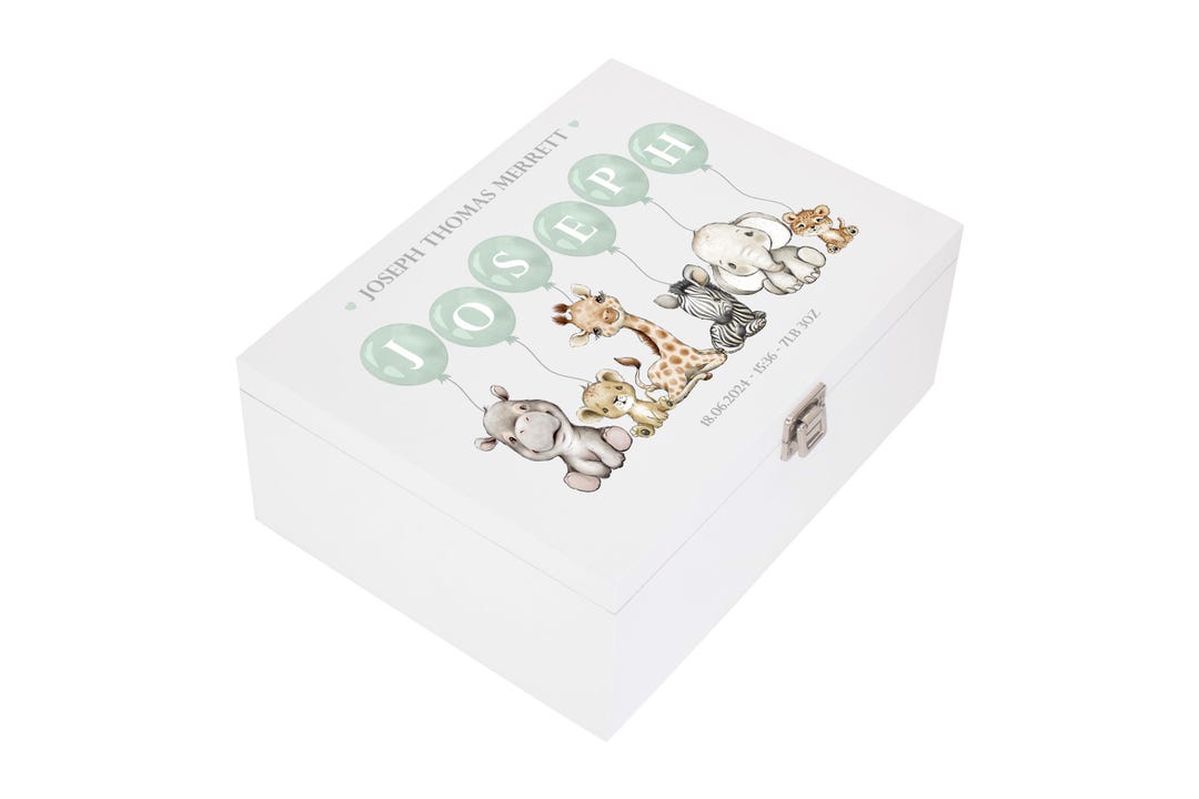 Baby Keepsake Box Blue Green Pink - Personalised Safari White Wooden ...