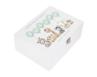 Baby Keepsake Box Blue Green Pink - Personalised Safari White Wooden Keepsake Box - keepsake box - newborn keepsake box bluebellindagifts