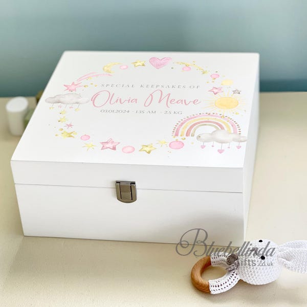 Luxury Personalised Baby Keepsake Memory Box, pink Design, Baby box, Wooden Box, New Baby Gift, Birth Stats