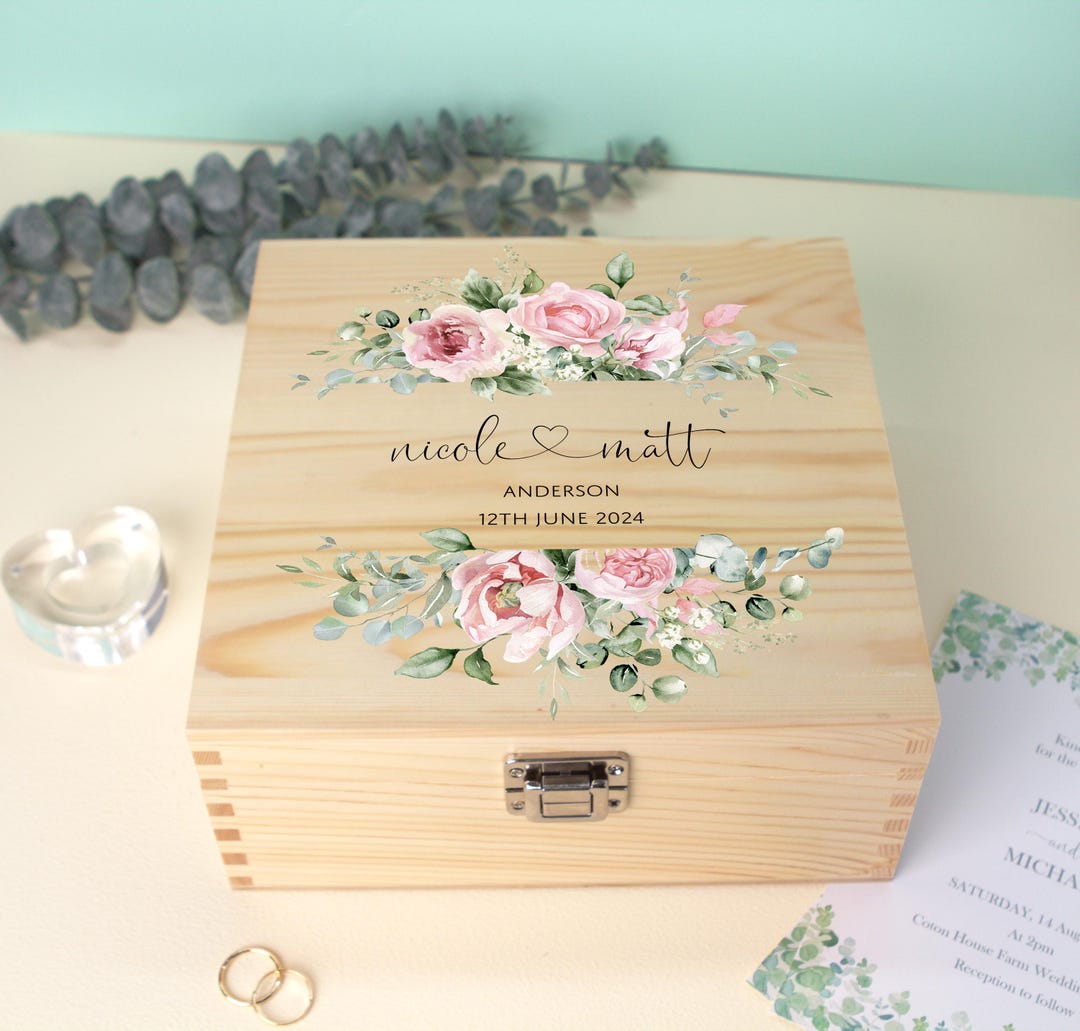 Luxury Wooden Wedding Keepsake Box Green - Personalised Pink Floral ...