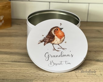Personalised biscuit tin, Robin treat tin, baking box, gift for Grandma, Christmas gift for Grandad, Birthday gift, cake tin, Nanny nan gift
