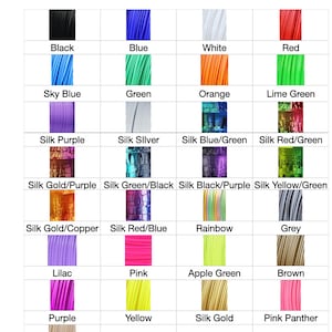 May include: Color chart showing a variety of filament colors for 3D printing. The colors include black, blue, white, red, sky blue, green, orange, lime green, silk purple, silk silver, silk blue/green, silk red/green, silk gold/purple, silk green/black, silk black/purple, silk yellow/green, silk gold/copper, silk red/blue, rainbow, grey, lilac, pink, apple green, brown, purple, yellow, silk gold, pink panther, and bone white.