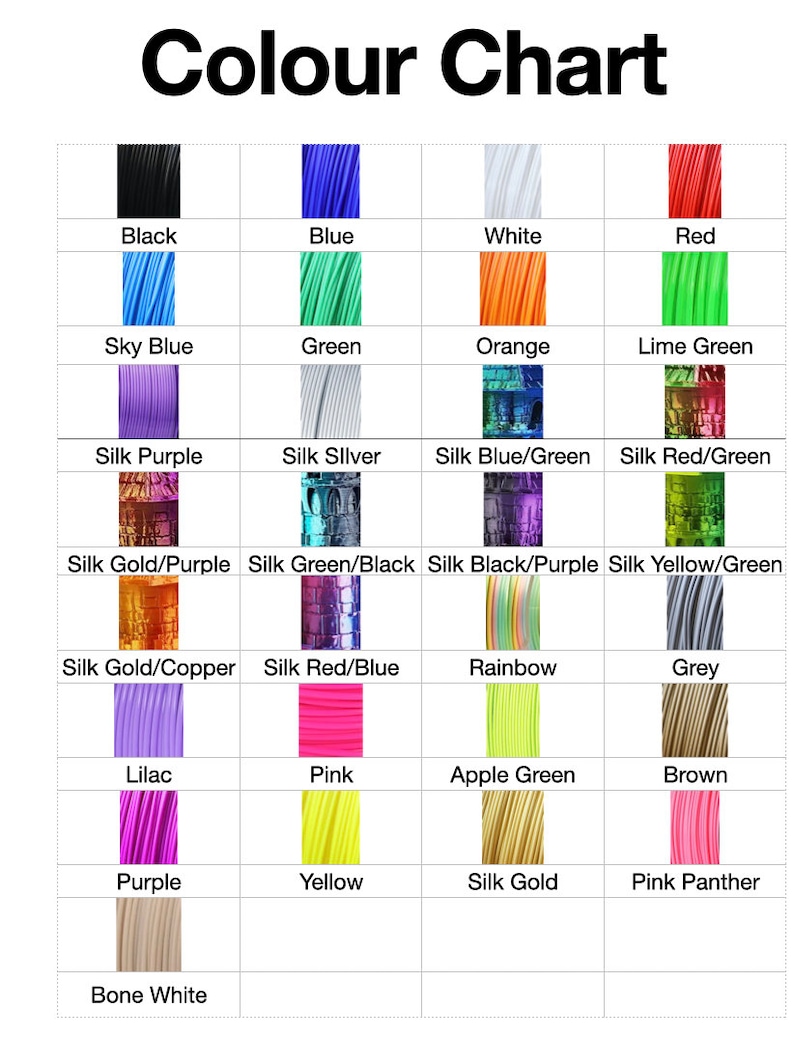May include: Color chart showing a variety of filament colors for 3D printing. The colors include black, blue, white, red, sky blue, green, orange, lime green, silk purple, silk silver, silk blue/green, silk red/green, silk gold/purple, silk green/black, silk black/purple, silk yellow/green, silk gold/copper, silk red/blue, rainbow, grey, lilac, pink, apple green, brown, purple, yellow, silk gold, pink panther, and bone white.
